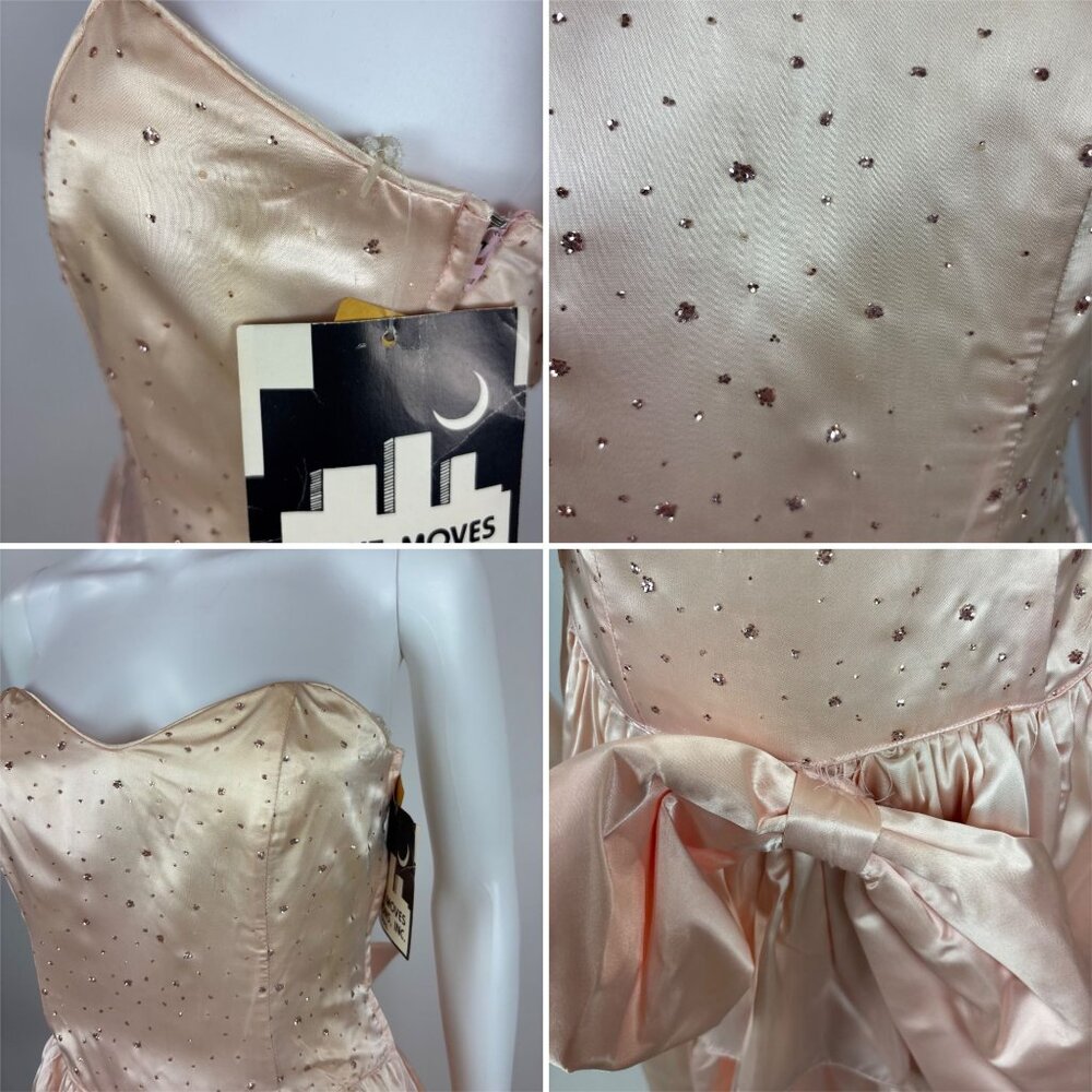 Vintage 80s Prom Dress Womens XS Strapless Peach Satin Glitter Evening Gown Swee - Picture 14 of 16
